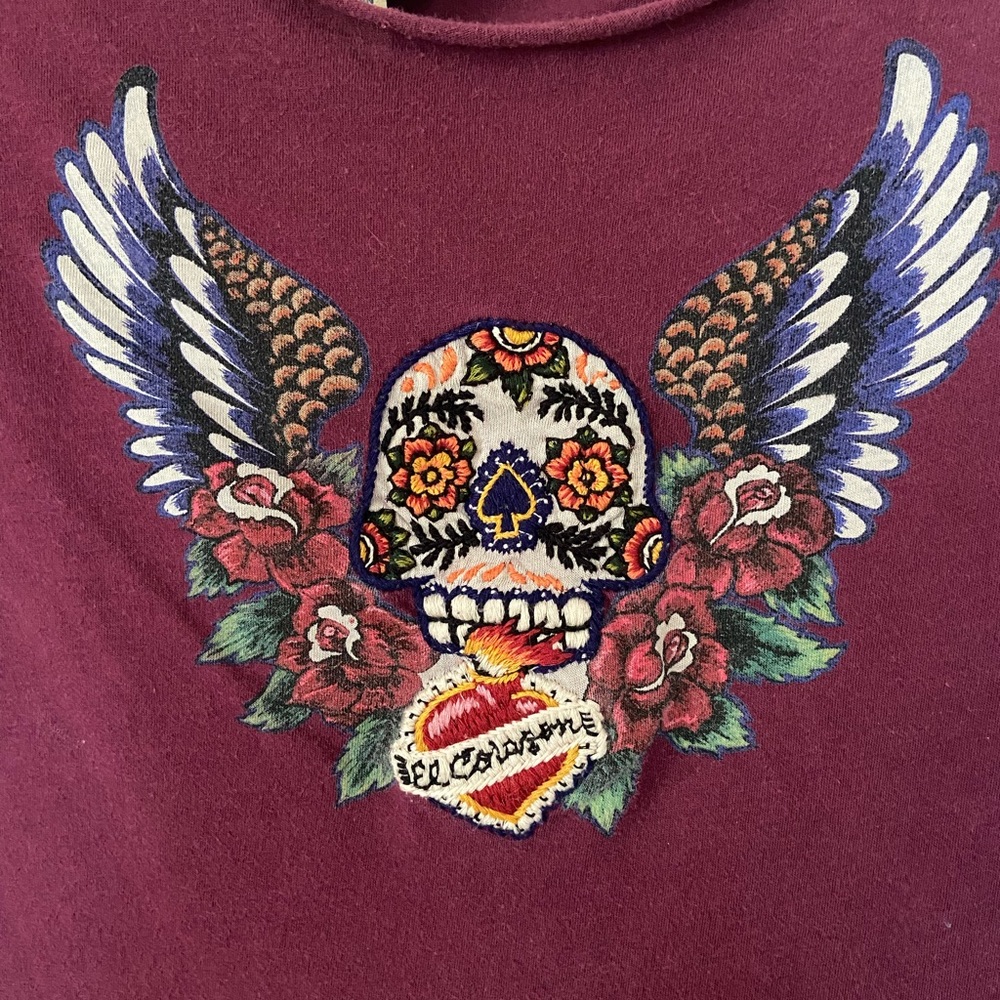 Lucky Brand- burgundy embroidered skull t-shirt. Size medium- 3/4 sleeve.